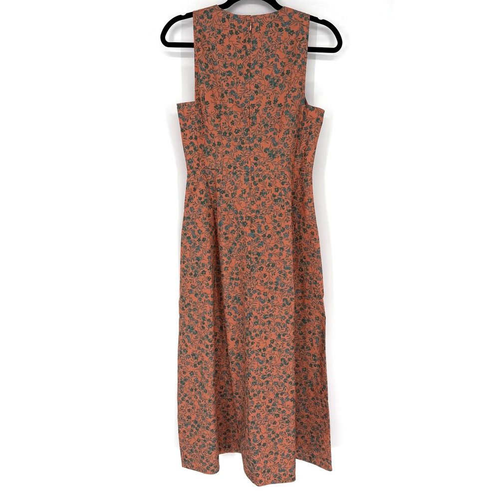 Madewell Dress Womens 2 Orange Green Floral Midi Tie Front Cutout V Neck Cotton - Picture 5 of 10